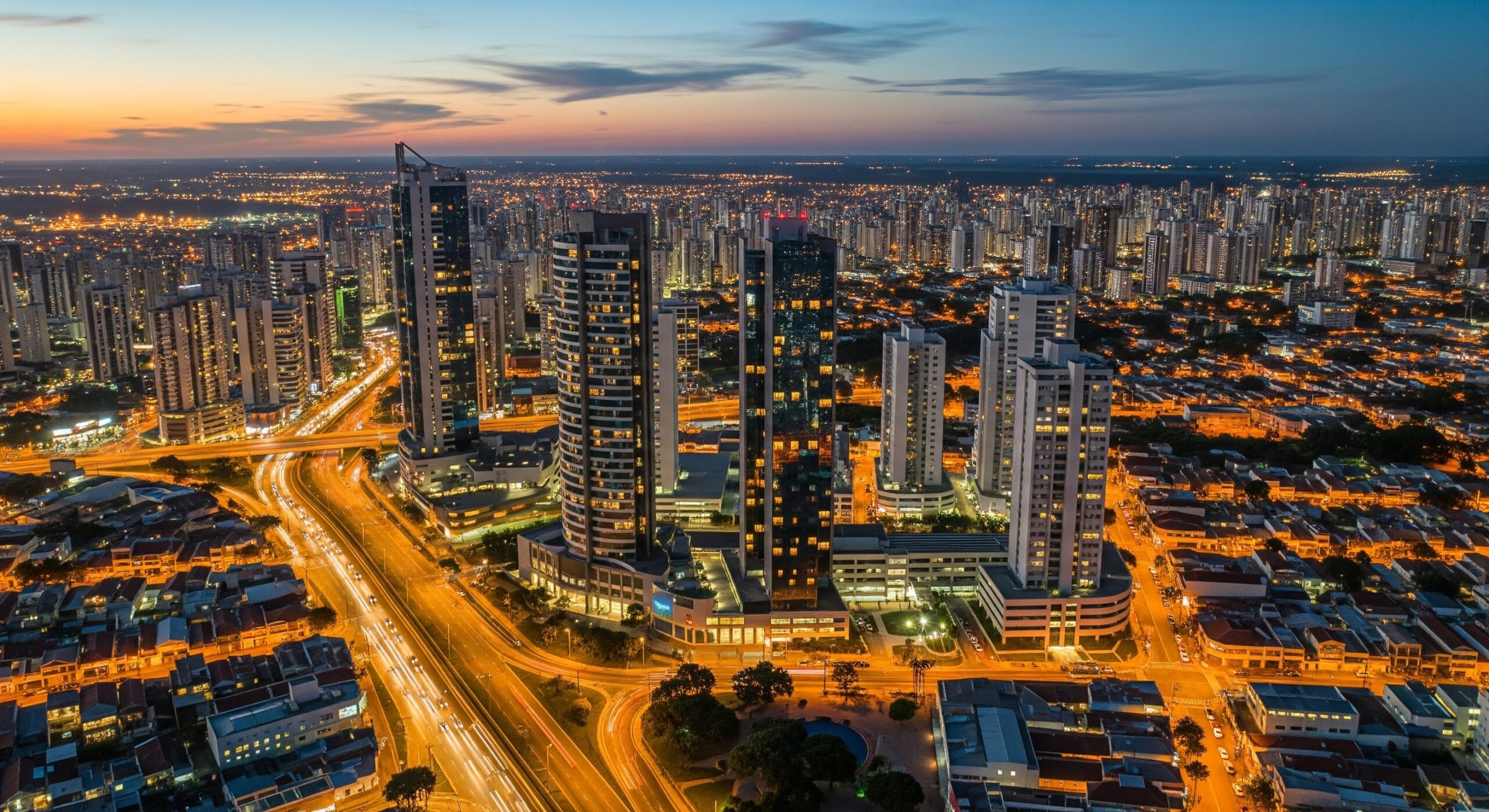 Vista aérea do centro de uma cidade moderna ao pôr do sol, com arranha-céus iluminados e avenidas movimentadas, destacando a beleza urbana e a infraestrutura avançada.